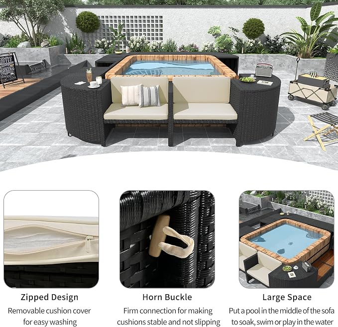 LUMISOL Patio Furniture Set, Spa Surround Outdoor Rattan Sofa Set with Wooden Seats and Storage Spaces, Quadrilateral Patio Sofa Set with Spa Surround Tub Frame for Patio, Backyard, Beige