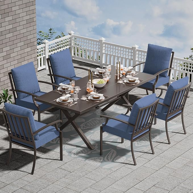 7 Piece Outdoor Dining Set for 6, Metal Patio Table and Chairs with Cushions, Patio Furniture Set with 6 Stackable Chairs, Rectangular Patio Dining Table with Umbrella Hole, Lawn Deck, Yard-Navy