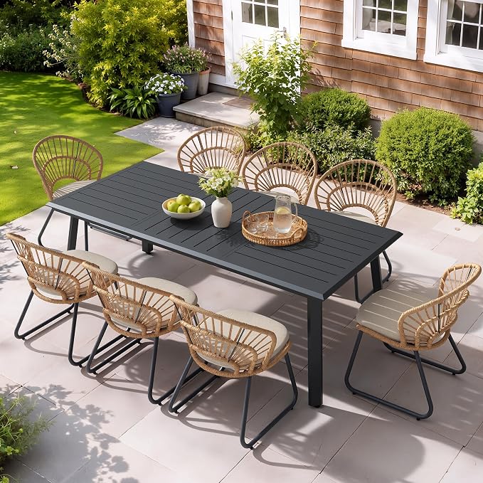 9 Piece Aluminum Patio Dining Set with Rattan Chairs | 83" Large Rectangle Dining Table with Umbrella Hole, 8 Shell Shaped Rattan Outdoor Chairs with Beige Cushions for Garden Deck