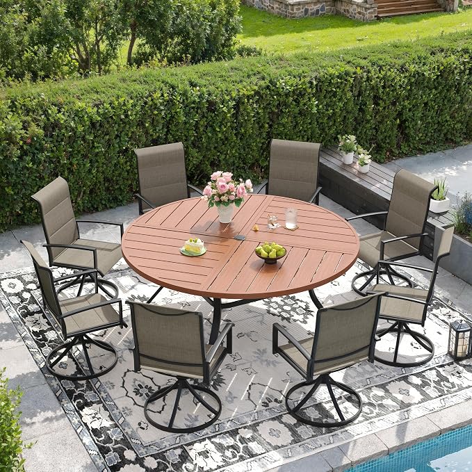 DIFY 9 Piece Outdoor Dining Set, Metal Patio Table and Chairs Set, 59.8" Walnut Round Dining Table & 8 Brown Padded Textilene Swivel Patio Chairs, Outdoor Furniture Set for Garden Backyard Porch