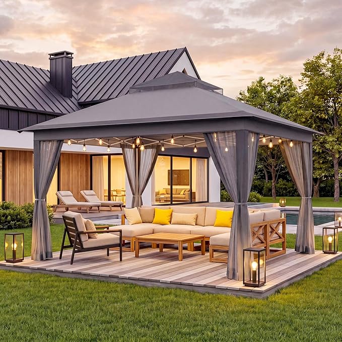 LAUSAINT HOME 12x12 Pop Up Gazebo Canopy Tent with Mosquito Netting, Instant One-Push Setup, Adjustable Height Outdoor Canopy Shelter with Carry Bag for Patio, Backyard, Camping, Parties & BBQs, Gray