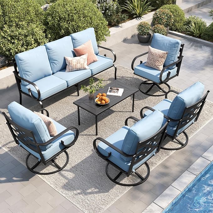 PHI VILLA Patio Furniture Set, 3-Seater Sofa, 4 Swivel Chairs and a Coffee Table, Outdoor Metal Conversation Set with 5.75" Extra Thick Cushion for Garden Backyard Deck, Blue