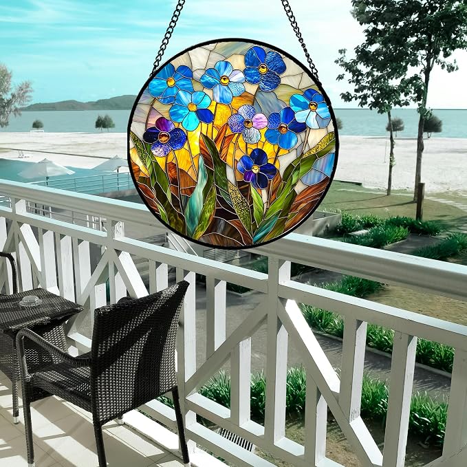 Stained Glass Window Hanging - Blue Wildflower Plant Flowers Sun Catcher for Door Garden Home Decor Suncatcher Christmas Mother's Day Birthday Gifts for Women Men Mom Nana 9.8 in