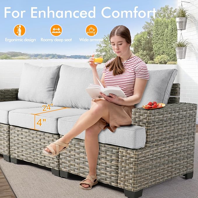 Patio Outdoor Furniture Set - All Weather Wicker Modular Sectional Sofa Couch,Patio Seating Outdoor Conversation Sets for Deck Yard Garden (Grey, 8 Pcs w/Swivel Glider)