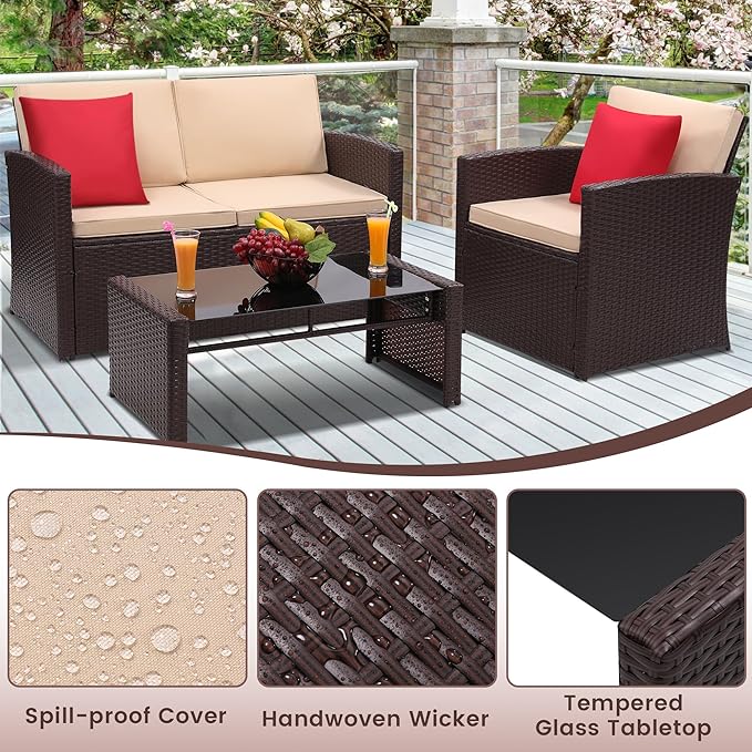 KROFEM 4-Piece Patio Furniture Set, Wicker Outdoor Rattan Sectional Sofa with Cushions and Glass Table, All-Weather Outdoor Conversation Set for Garden, Porch, Backyard, Patio, Beige