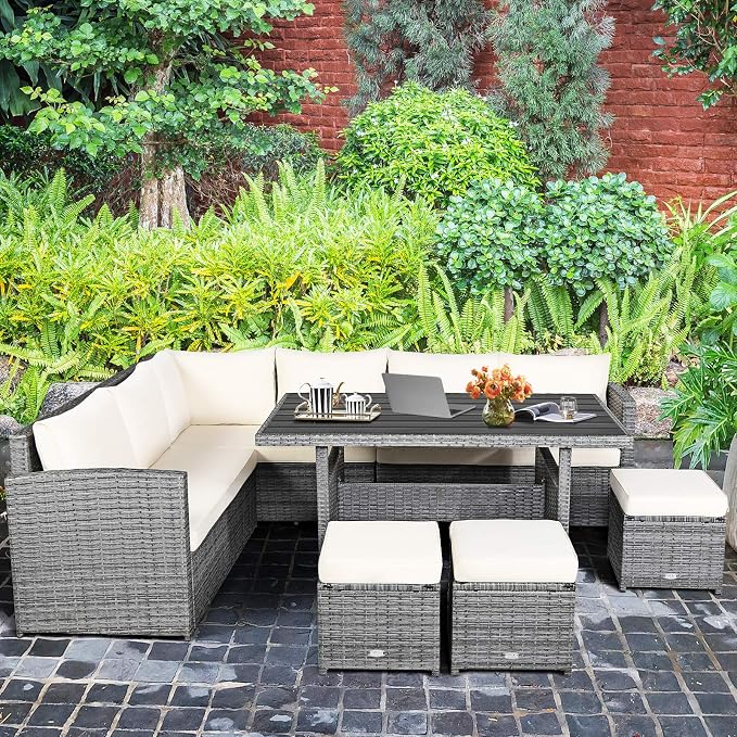 HAPPYGRILL 7 Pieces Rattan Wicker Patio Conversation Set, Outdoor Patio Furniture Set with Cushions, Rattan Sofa Set with Dining Table & Ottomans for Poolside Backyard Balcony Garden (Beige)
