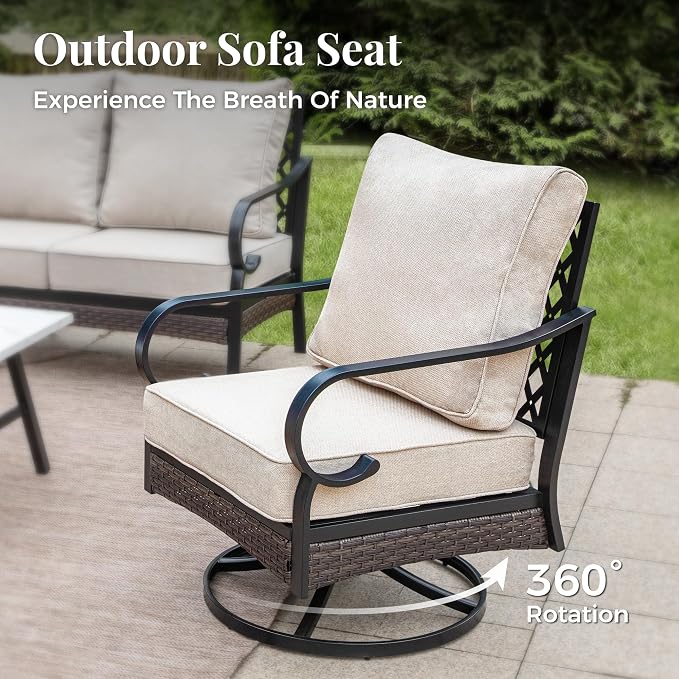 MIXPATIO Patio Furniture Set with Coffee Table, Outdoor Conversation Set with 2 x Fixed Chairs, 2 x Swivel Chairs, 1 x 3-Seat Sofa for Lawn Garden Backyard, Beige