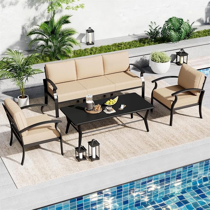 Aluminum Outdoor Patio Conversation Furniture Set,5 Seats Metal Modern Outdoor Furniture with Coffee Table & Washable 5.1" Thick Cushions,Patio Sectional for Backyard,Patio,Sand