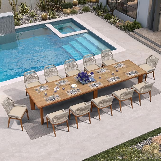 PURPLE LEAF 13 Pieces Patio Dining Set Aluminum Rectangular Table and Wicker Chairs with Cushions for Kitchen Porch Garden Modern Outdoor Furniture Sets
