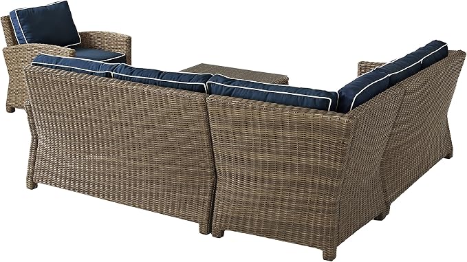 Crosley Furniture Bradenton 5-Piece Outdoor Sectional Sofa Wicker Conversation Patio Furniture Set for Deck, Brown with Navy Cushions