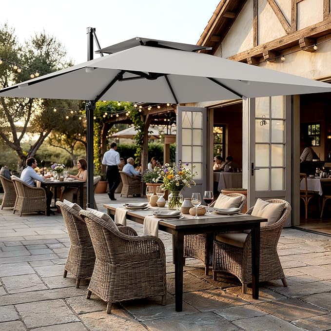 AreShark 10×10FT Double-Top Cantilever Patio Umbrella, Square Offset Umbrella with 360 Degree Rotation, Heavy Duty Patio Umbrella for Garden Deck Pool, 5 Tilt Angles, Light Grey