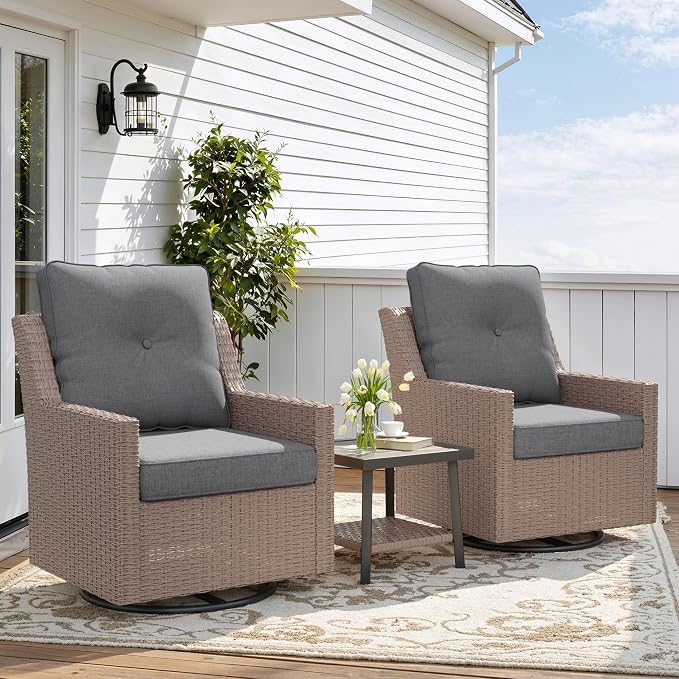 NestNook 3 Piece Patio Furniture Set, Outdoor Furniture Wicker Swivel Chairs Set of 2 with Side Table Rattan Patio Conversation Set for Balcony Deck Backyard and Poolside (Dark Grey)