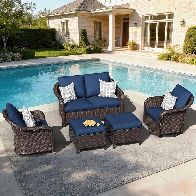 5 PCS Outdoor Conversation Set | 55" Couch, 2 Swivel Chairs, 2 Ottomans, Patio Wicker Conversation Furniture with Removable Cushions for Bistro, Deck, Sunroom (Navy Blue)