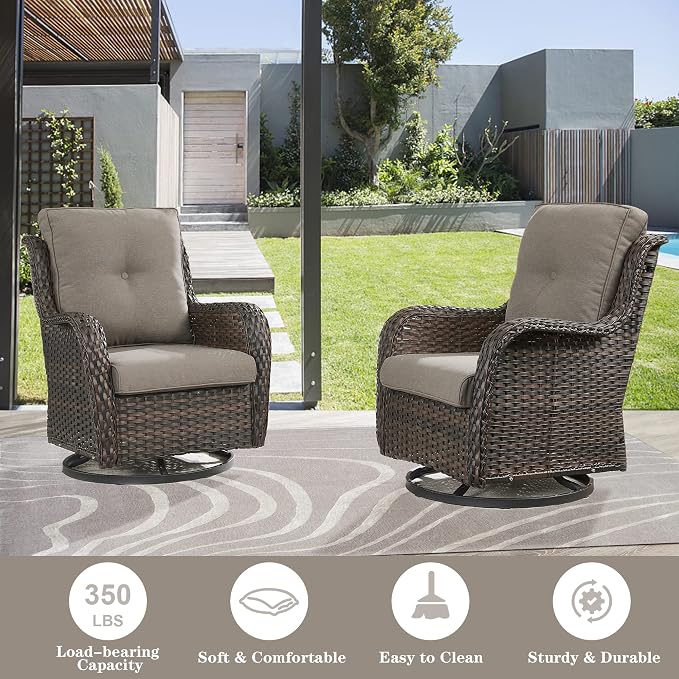 Belord 5 Piece Wicker Patio Furniture Set, Outdoor Swivel Rocker Chairs Set of 2 with Ottomans and Loveseat, All Weather Patio Conversation Furniture Set, for Porch Pool, Brown Wicker/Gray