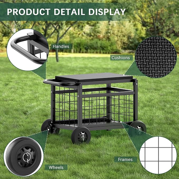 Garden Cart with Seat,3-in-1 Rolling Seat with Wheels for Gardening Seniors | Upgraded Heavy Duty Gardenning Cart with Seat, Supports up to 600 LBS for Seniors, Lawn, Patio & Backyard Gardening, Black