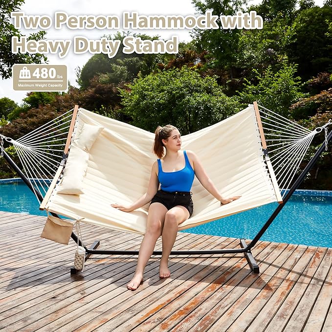 Homgava Two Person Hammock with Stand for Outside Heavy Duty, Outdoor Patio Hammock with Portable Steel Stand, Large Double Hammocks,480lbs Capacity.(Off White)
