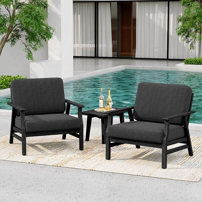 4 Pieces Patio Furniture Sets, Black Wood Outdoor Sectional Furniture with Coffee Table, 4 Seats Patio Sofa Couch Conversation Set for Backyard Deck - Dark Gray