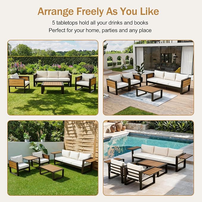 Merax Large 4-Piece Outdoor Patio Furniture Set for 5 Person, 3-Seater Sofa, 2 Armchairs with Fold-Out Side Tables, Aluminum Frame & Plastic-Wood, Modern Garden/Patio Seating, White Cushions