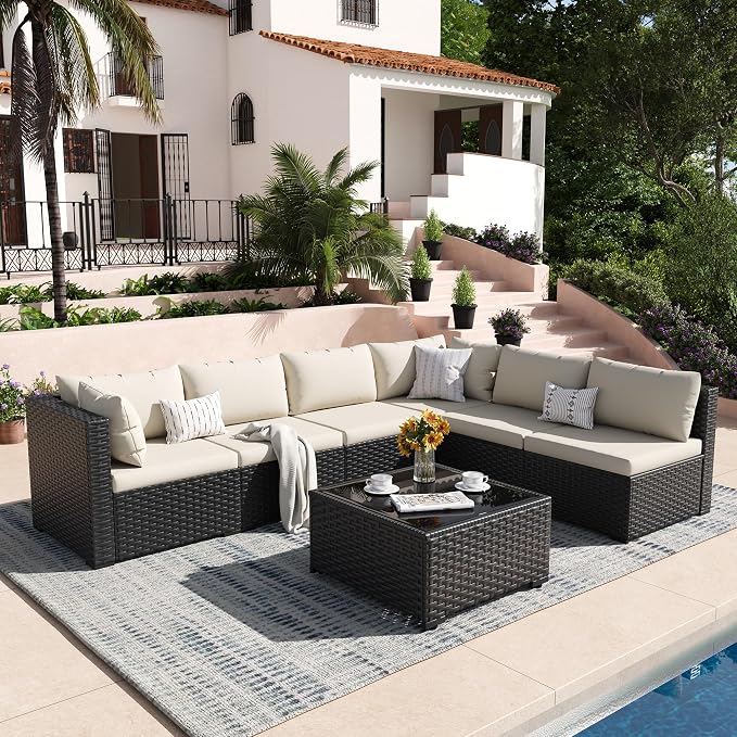 Patio Furniture Set, 7-Piece Outdoor Sectional All-Weather Wicker Patio Conversation Set for Backyard, Garden, White