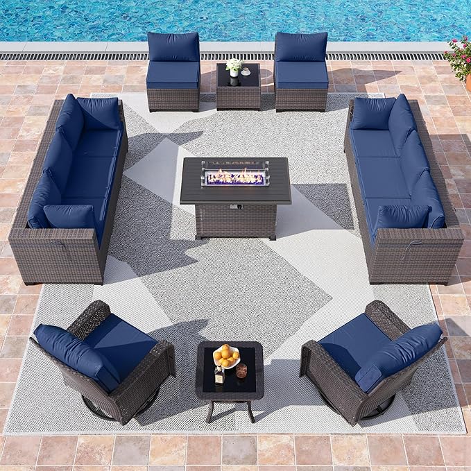 13 Pieces Outdoor Patio Furniture Set,Outdoor Sectional Furniture with 43" 55000 BTU Gas Propane Fire Pit Table,PE Rattan Wicker Patio Conversation Set,Swivel Rocking Chairs Set,Navy Blue