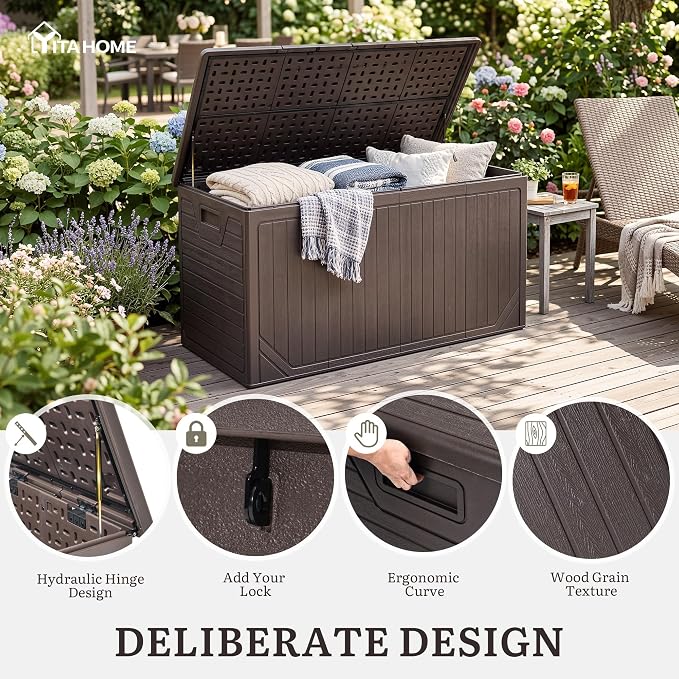 YITAHOME XXL 300 Gallon Extra Large Outdoor Deck Box, Lockable Resin Double-Wall Storage Box and Waterproof Patio Furniture Bin for Garden Tools & Pool Accessories, Brown