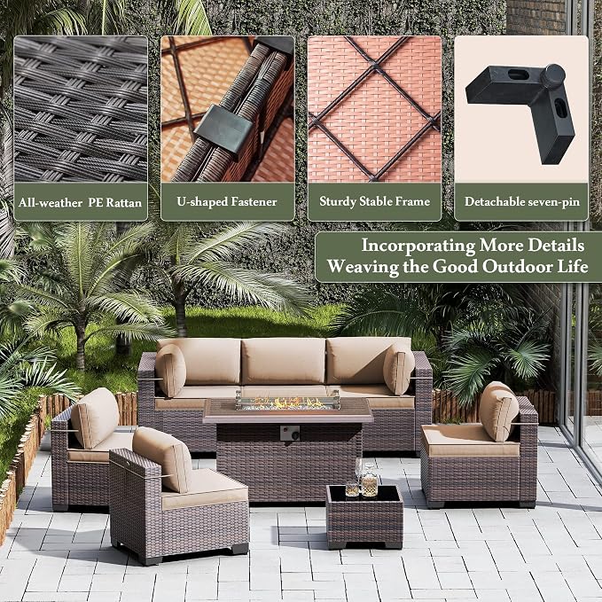 15 Pieces Outdoor Patio Furniture Set,Outdoor Sectional Furniture with 43" 55000 BTU Gas Propane Fire Pit Table,All Weather PE Rattan Wicker Patio Conversation Set,Sand