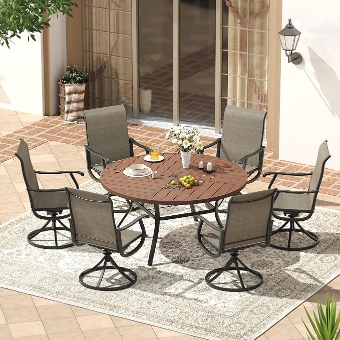 VICLLAX Patio 7 Pieces Outdoor Dining Set, 53" Round Metal Table with Umbrella Hole and 6 Swivel Textilene Chairs for Lawn, Garden, Porch,Walnut/Brown