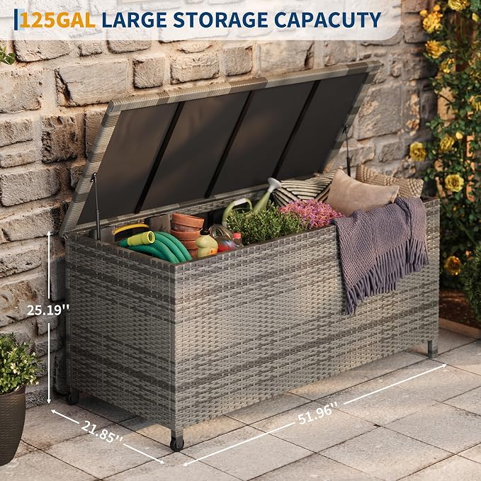 125-Gallon Outdoor Deck Box with Wheels, Waterproof PE Rattan & Aluminum Frame Storage Bin, Lockable Patio Furniture Chest for Cushions, Garden Tools, Pool Toys, Gray