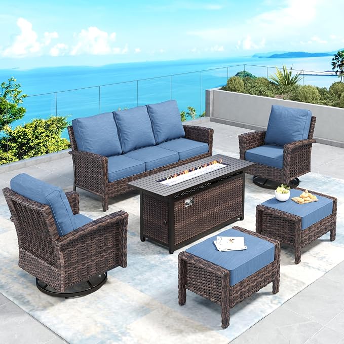 Patio Furniture Set with Swivel Chairs, High Back Wicker Rattan Furniture with 5.5" Thick Cushions, Fire Pit Table and Ottomans, All Weather Outdoor Conversation Set for Backyard Deck,7 Seats, Blue