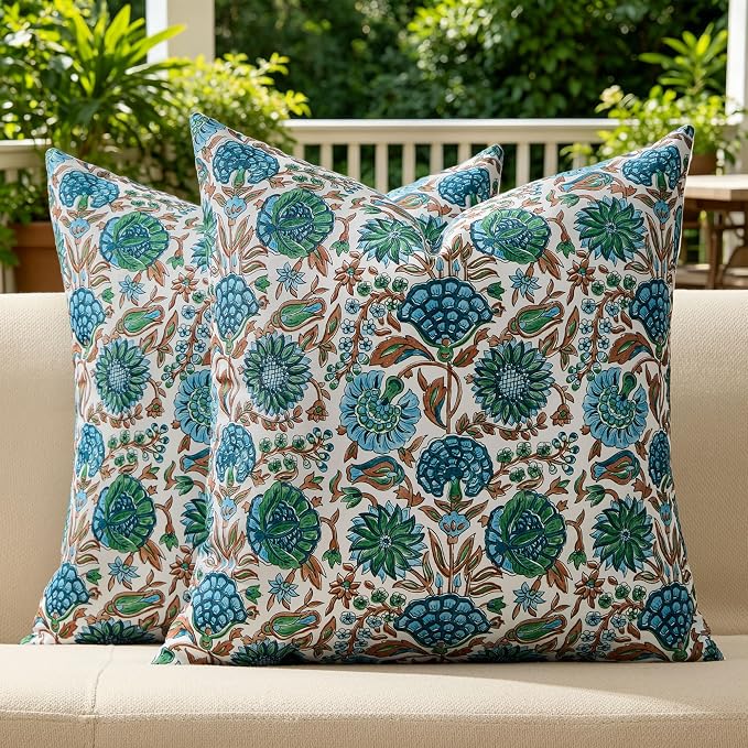 Allorry Outdoor Waterproof Pillow Covers 20x20 Blue Floral Outdoor Decor | Set of 2 Vintage Floral Block Print Pillow Cover,Farmhouse Boho Decorative for Spring Summer Outdoor Sofa Bedroom Decor