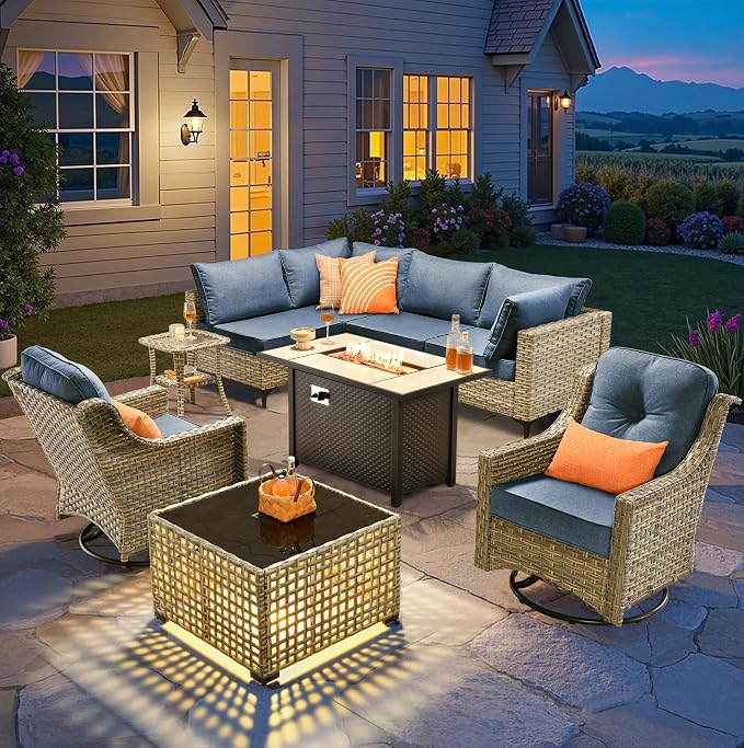 CAODOC 9-Piece Outdoor Sectional Sofa Set w/ 42" Fire Pit – L-Shaped Wicker Patio Furniture, Deep Seating & Swivel Rockers,Light Blue