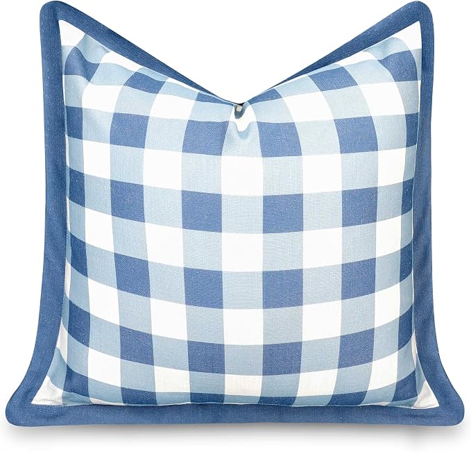 California Casual Coastal Indoor Outdoor Throw Pillow Cover, 22"x22" Water Repellent for Patio, Backyard, Couch, Poolside, Azure Blue Print Gingham