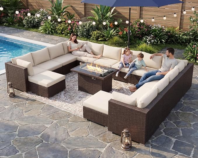 BULEXYARD 15 Piece Highback Wicker Patio Furniture Sets with Firepit, All-Weather Heavy Duty Outdoor Conversation Set Modular, Extra Deep Wide 14-Seats Sectional Couch Sofa for Backyard, Brown & Beige