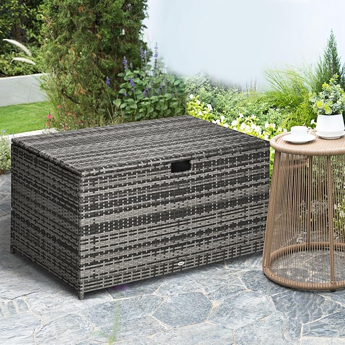 GOWE 113 Gallon Deck Box, Rattan Outdoor Storage Box, Waterproof Storage Container for Indoor, Patio Furniture Cushions, Pool Supplies, Garden Tools, Dark Gray