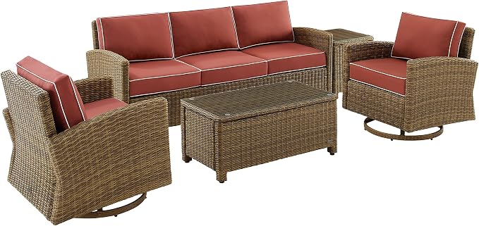 Crosley Furniture Bradenton 5-Piece Wicker Outdoor Sofa and Swivel Rocker Patio Furniture Set for Porch, Brown with Sangria Cushions