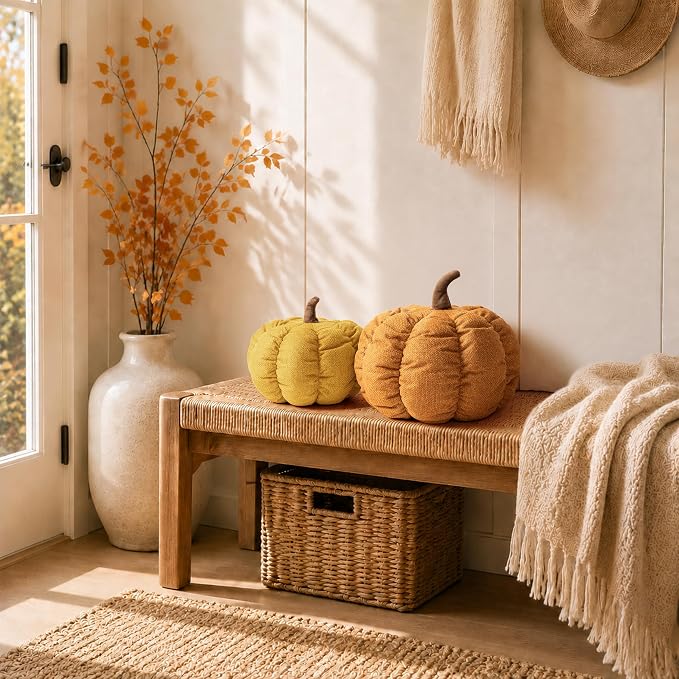 AELS Pumpkin Pillows Set of 2, 14" Burnt Orange & Mustard Fall Pillows | for Couch Sofa Bed Living Room Home Decor, Farmhouse Textured 3D Fall Halloween Thanksgiving Decorative Accent Pillows
