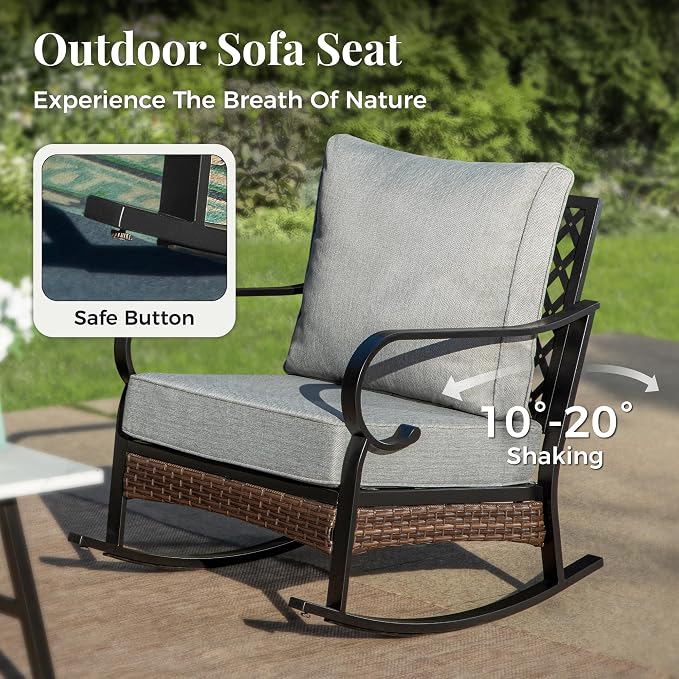 MIXPATIO Patio Furniture Set with Fire Pit Table, Metal Outdoor Conversation Set with 2 Fixed Chairs, 2 Rocking Chairs, 3-Seat Sofa and Gas Fire Pit Table for Lawn Garden Backyard, Grey