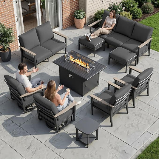 Aluminum Outdoor Patio Furniture Set, 10-Piece Sectional Sofa with 5.1" Thick Cushions, Swivel Rocking Chairs, 55,000 BTU Fire Pit Table, Outdoor Couch for Backyard, Deck, Black