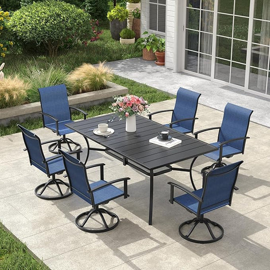 VICLLAX Outdoor Table and Chairs Set for 6, Patio Dining Set of 59 Metal Rectangle Patio Table with Umbrella Hole & 6 Swivel Outdoor Dining Chairs for Backyard Lawn, Dark Blue & Black