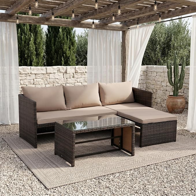 Tappio 3 Pieces Patio Furniture Sectional Sets, 3-Piece Outdoor PE Rattan Furniture Sets, Outdoor All-Weather PE Rattan Wicker Lawn Conversation Sets with Cushion and Glass Table