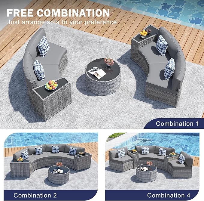 Restland Half Moon Patio Furniture Set with Tables,7 Pieces Wicker Outdoor Sectional Curved Sofas, Round Conversation Set, Grey Rattan