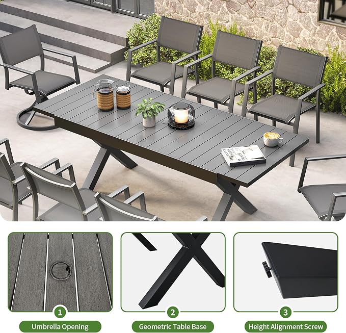 Outdoor Dining Set, 9 Piece Expandable Patio Dining Table and Textilene Chairs Set, Aluminum Patio Furniture Set for Table with Umbrella Hole and 8 Chairs for Patio, Garden, Lawn(Black)