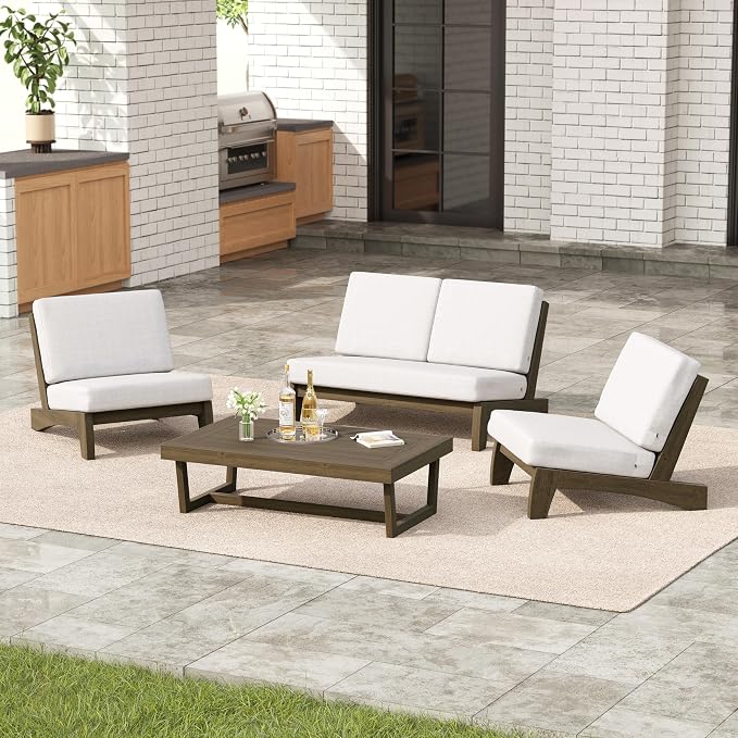 4 Pieces Patio Furniture Sets, All-Weather Outdoor Wood Bistro Set Patio Conversation Coffee Table Chiars and Patio Loveseat for Balcony, Backyard