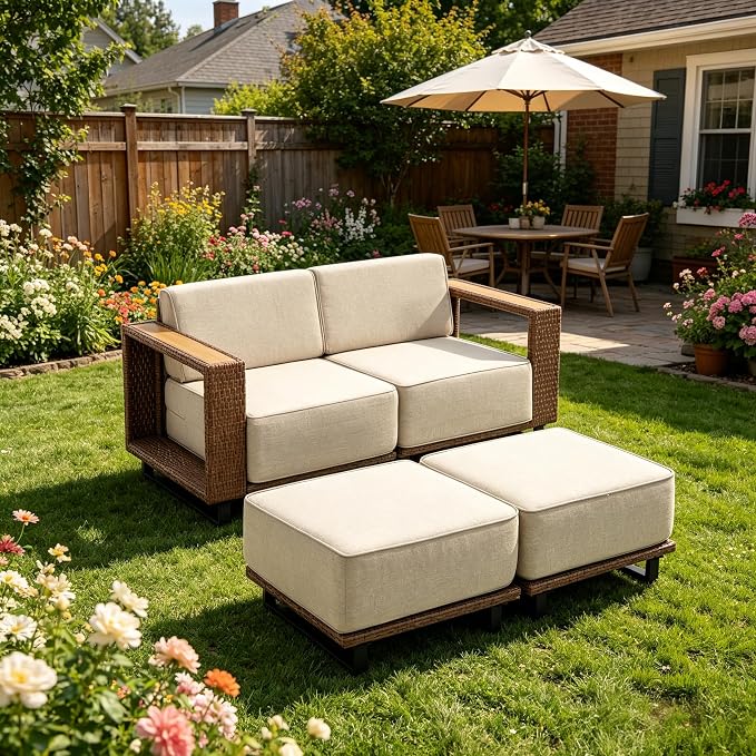 MOCHITO 4 Pieces Outdoor Patio Furniture Sets, All-Weather Sectional Sofa PE Rattan Wicker Conversation Set, Outdoor Patio sectional for Poolside, Porch, Lawn, Garden, Balcony(Beige)
