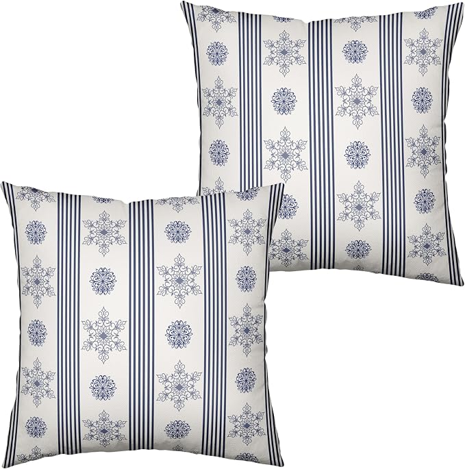 Winter Pillow Covers Blue and White Porcelain Blue Snowflakes Striped Throw Pillow Covers Navy Blue Floral Pillowcase 22x22 Set of 2 Neutral Cushion Case for Couch Sofa