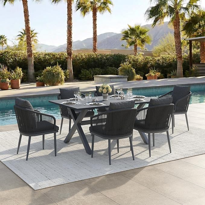 7-Piece Patio Dining Table Sets, Woven Wicker Dining Set with Rectangular Aluminum Table and Dining Chairs Modern Outdoor Dining Furniture Set for Outdoors and Indoors
