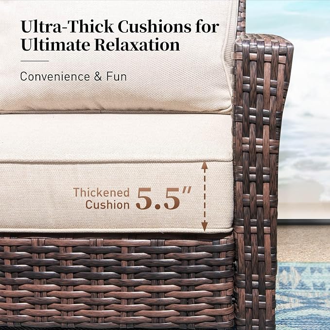 SUNSHINE VALLEY Patio Wicker Swivel Chairs Set of 2, Outdoor High Back Chairs with 5.5" Waterproof Cushions, Outdoor Furniture Set for Deck Porch and Yard, Beige