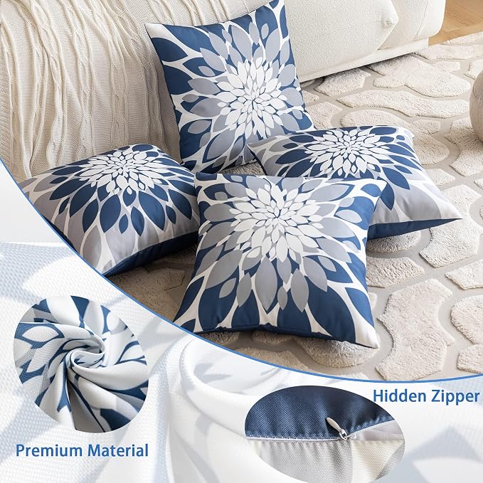 Pack of 4 Outdoor Waterproof Pillow Covers 24x24 Decorative Outdoor Throw Pillows Garden Square Cases for Patio Furniture, Couch, Tent Sunbrella, Bench, Blue Grey