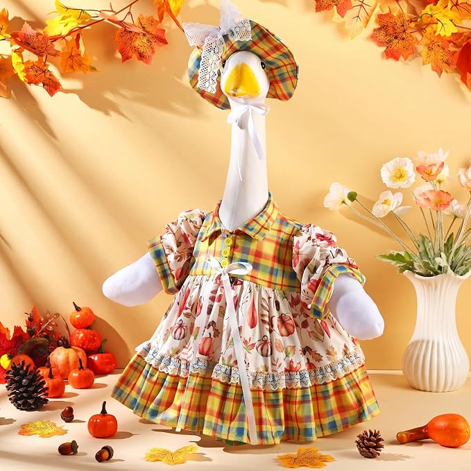 FuWeave Fall Porch Goose Outfit Maple Goose Costume Fancy Porch Geese Clothes with Wide Hat for 23" 17" Outdoor Patio