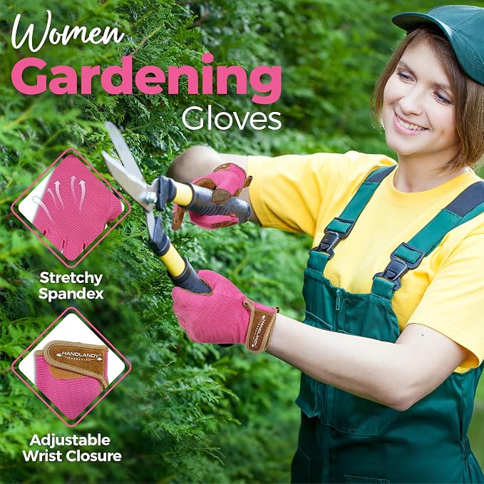 HANDLANDY Gardening Gloves for Women, Leather Garden Glove, Gardener Gift | Breathable Floral Ladies Leather Garden Yard Gloves, for Trimming, Weeding, Digging, Planting, Pruning